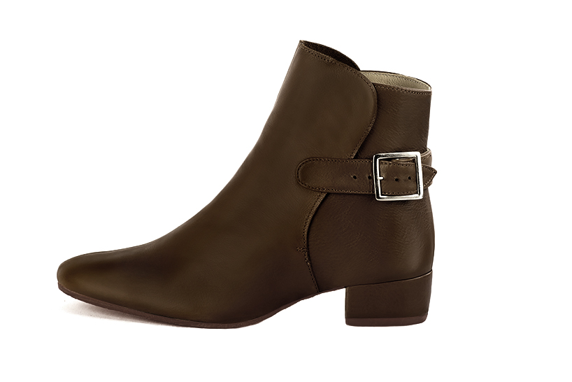 Dark brown women's ankle boots with buckles at the back. Round toe. Low block heels. Profile view - Florence KOOIJMAN